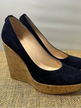 Stuart Weitzman Navy Suede Cork Wedge Pumps